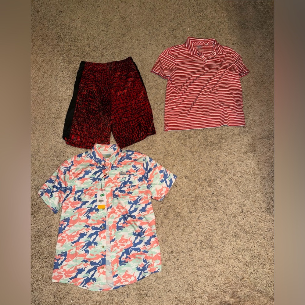 Boys size, large lot, two collared shirts, and one pair of athletic shorts